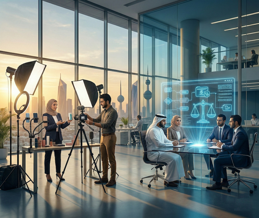 تصميم توضيحي للمرسوم بقانون رقم 10 لسنة 2026 بتنظيم العمل بقطاع التجارة الرقمية والمتاجر الإلكترونية في الكويت، مقدم من خبراء مكتب الدستور للمحاماة.