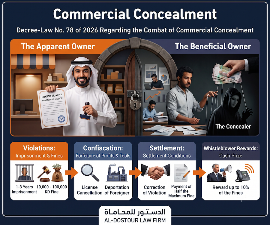 commercial concealment law Commercial concealment law in Kuwait: Decree-Law 78/2026 penalties, confiscation, reconciliation and whistleblower rewards explained by Al-Dostour Law Firm